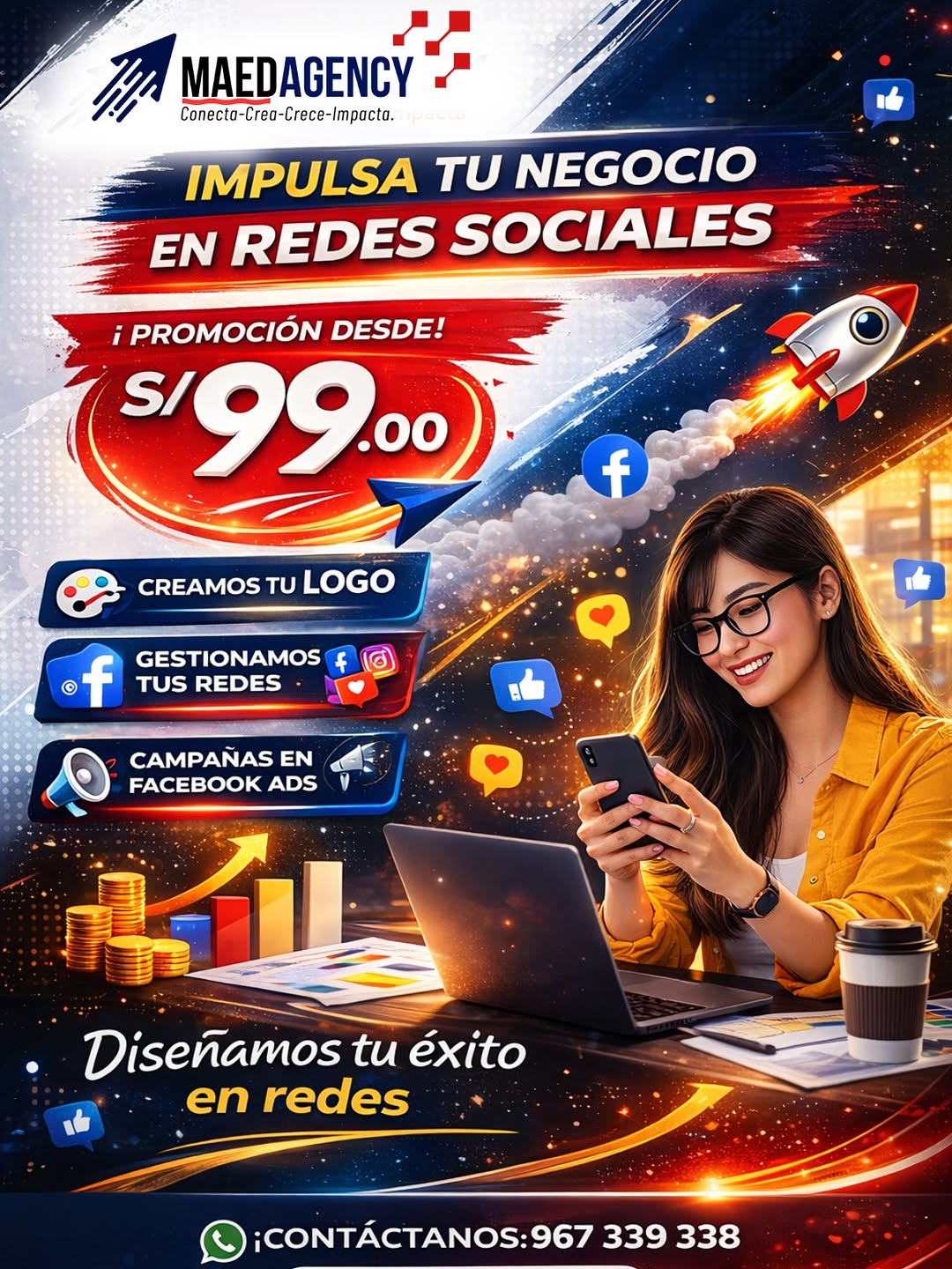 Poster de MAED Agency: impulsa tu negocio en redes sociales desde S/99.